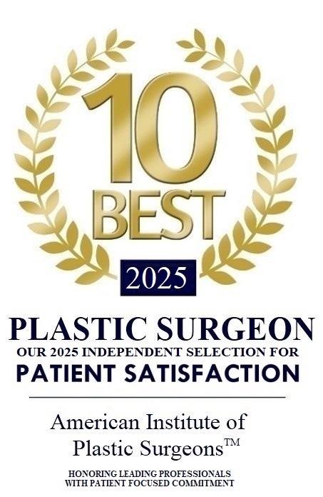 Gold laurel wreath with '10 Best 2025 Plastic Surgeon for Patient Satisfaction, American Institute of Plastic Surgeons', recognizing Dr. George Kamel