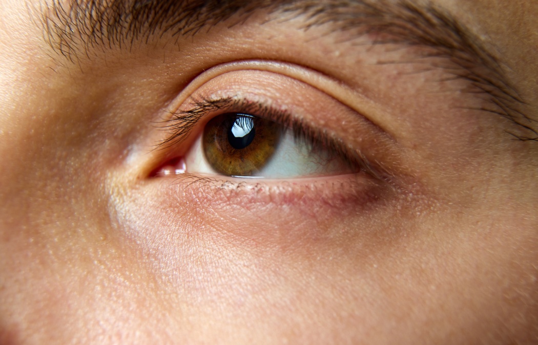 Close up photo of brown eyes of young man. Male model with well-kept skin without imperfections. Concept of beauty treatment, male health, body care, spa treatment, hygiene.